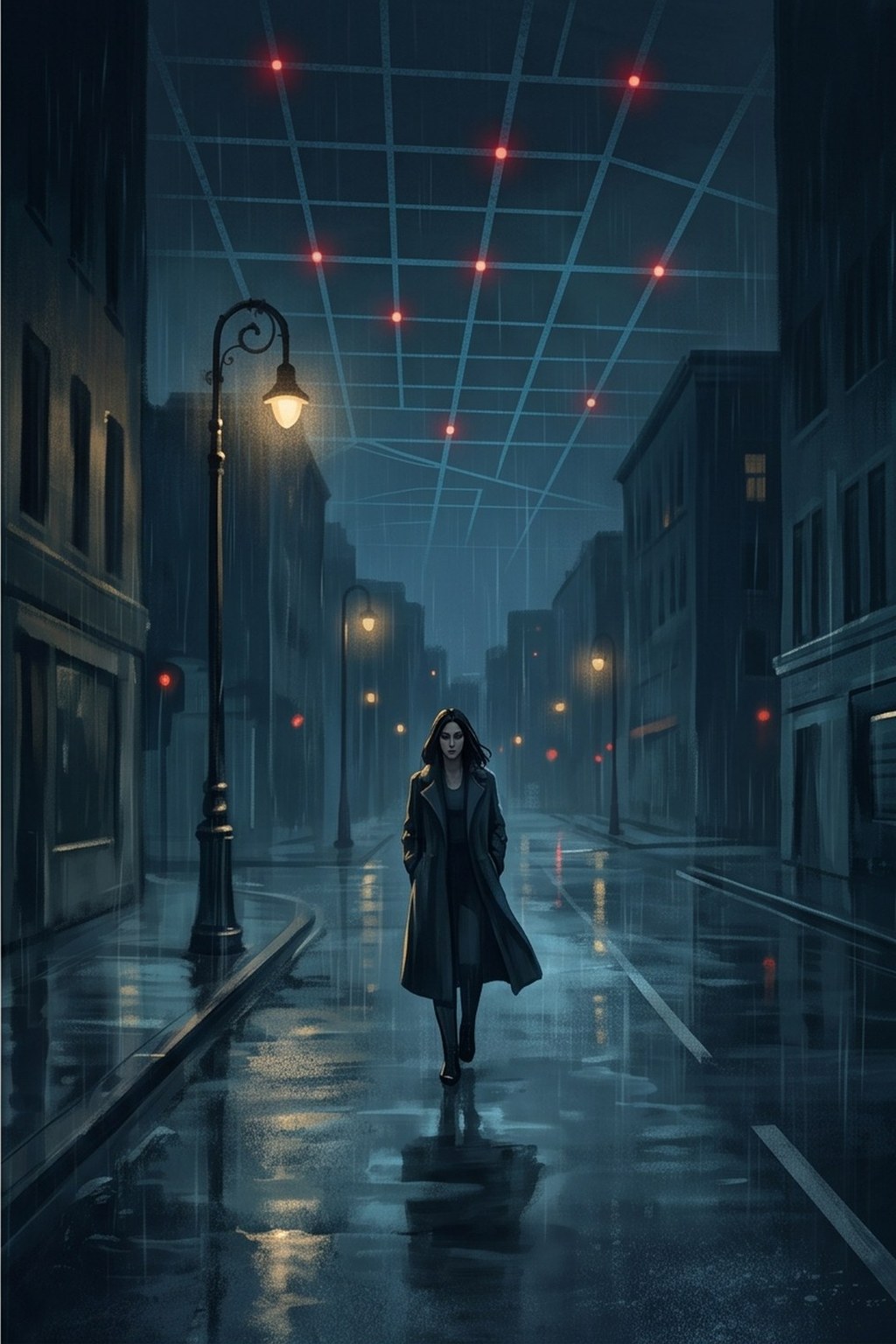 Cover artwork: a noir city street after rain, a woman in a long coat beneath a flickering streetlight, red constellation points rearranging into a street grid overhead.