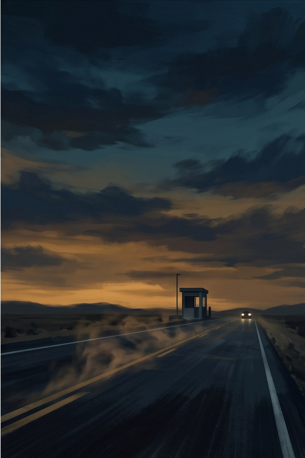 Cover artwork: a lonely two-lane highway at dusk running toward a toll booth under a bruised amber sky, heat haze distorting the road.