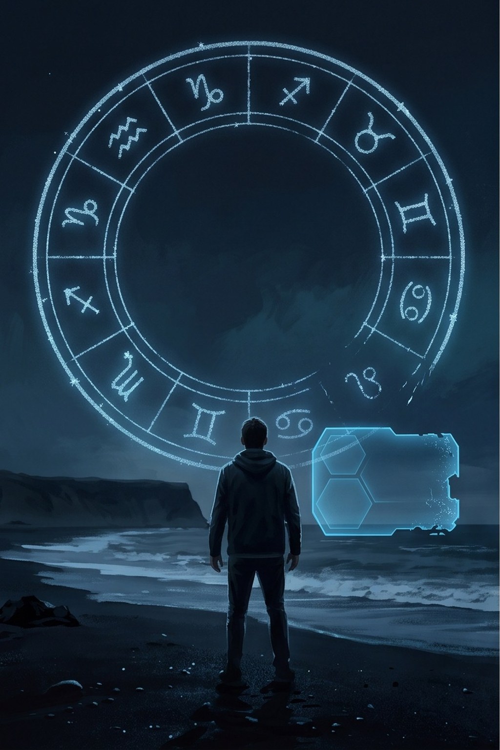 Cover artwork: a lone figure on a black volcanic shoreline beneath an enormous inverted constellation wheel, beside a half-rendered blue interface.