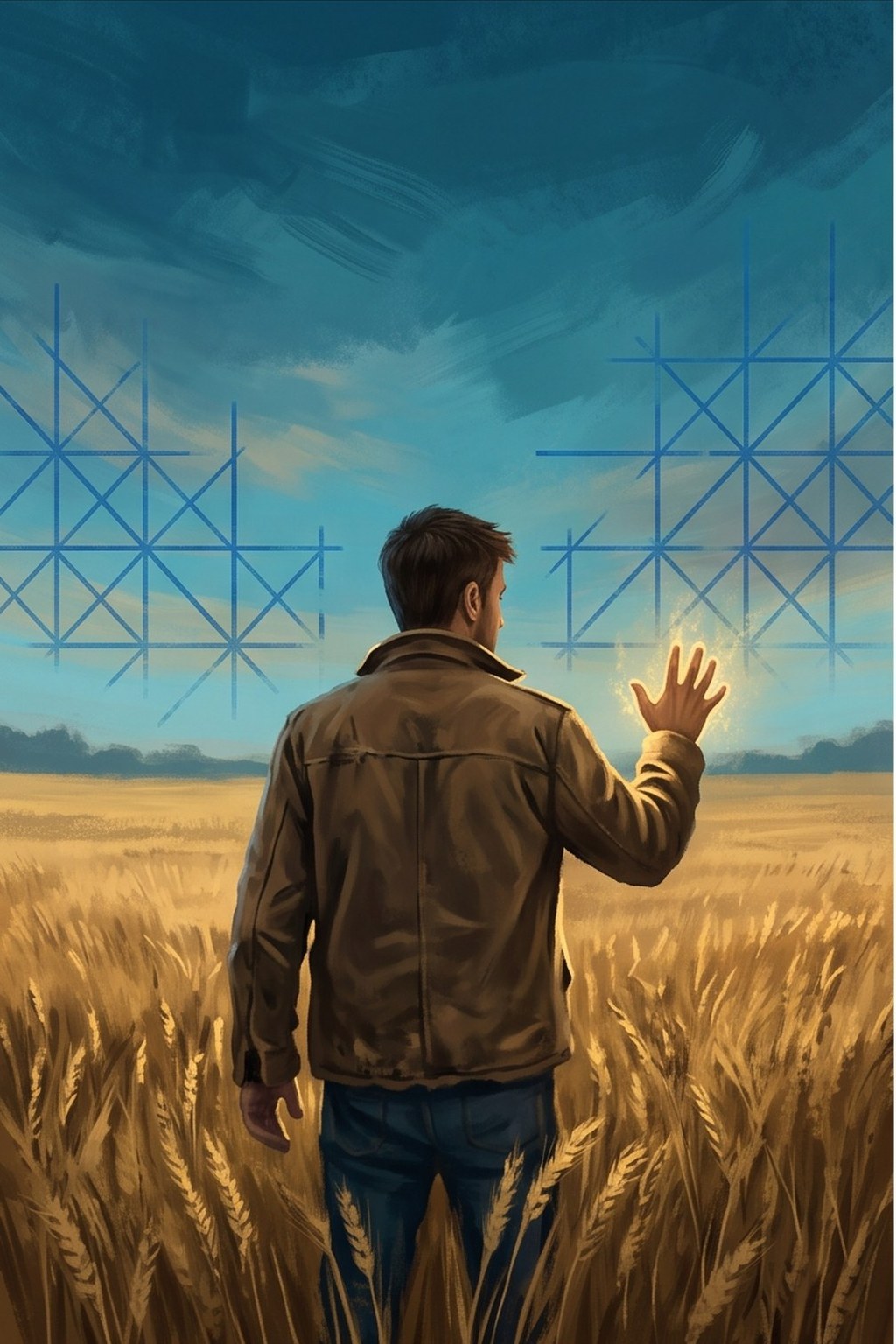 Cover artwork: a man in a battered canvas jacket standing in a wheat field at golden hour, one hand raised and glowing, half-built blue lattice lines across the sky.